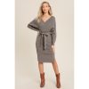 SURPLICE BELTED GREY SWEATER DRESS