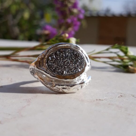 Unique silver ring sterling silver ring with Gray druzy quartz stone 2 Jewelry from Israel