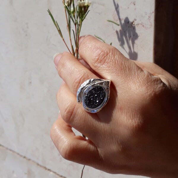 Unique silver ring sterling silver ring with Gray druzy quartz stone from Israel