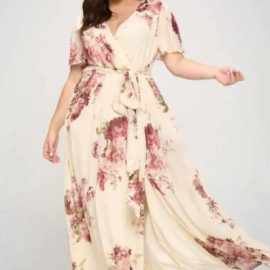 ROYAL CURVES FLORAL TAUPE CHIFFON MAXI DRESS