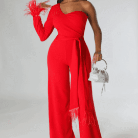 SCARLET RED FEATHER JUMPSUIT