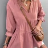 V-Neck Three-Quarter Sleeve Babydoll Top - Image 2