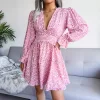 Floral Deep V Frill Trim Flared Sleeve Mini Dress - Image 4