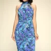 Multi-color Marble Print Midi Dress, Ruched, Small Slit