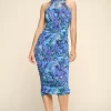 Multi-color Marble Print Midi Dress, Ruched, Small Slit - Image 3
