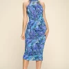 Multi-color Marble Print Midi Dress, Ruched, Small Slit - Image 2