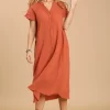 Split Neck Button Down Midi Dress With No Lining - Image 2