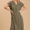 Split Neck Button Down Midi Dress With No Lining