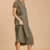 Split Neck Button Down Midi Dress With No Lining - Image 2