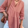 V-Neck Three-Quarter Sleeve Babydoll Top - Image 3
