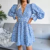 Floral Deep V Frill Trim Flared Sleeve Mini Dress - Image 6