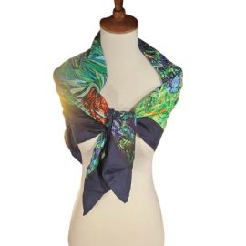 Gently Worn Vintage Style Navy and Grass Green Silk Scarf