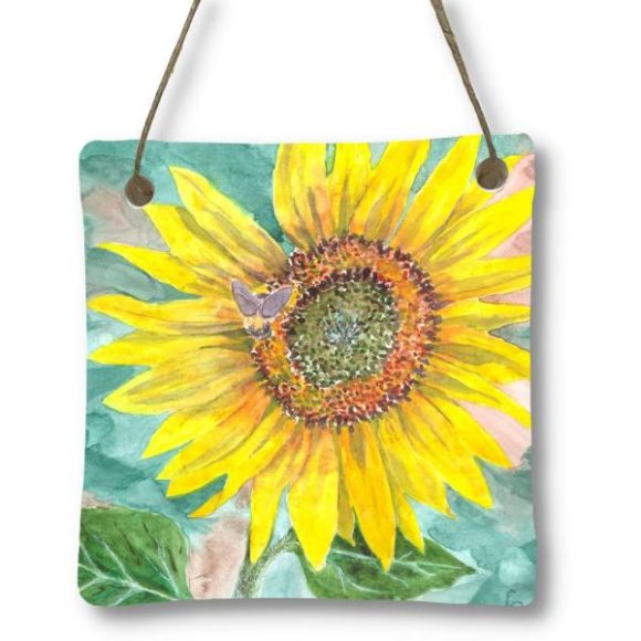 yellow sunflower with bee painting on a green square ornament