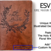 A ESV Wide Margin by Crossway Publishing in Brown. It has a design of The Holy Bible in a Wreath engraved on it. It is hand lettered with calligraphy and makes a beautiful Christian gift, Gods Word, Scripture, 9781433544163