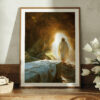 A handmade fine art print depicting the resurrection of Jesus from inside the tomb.