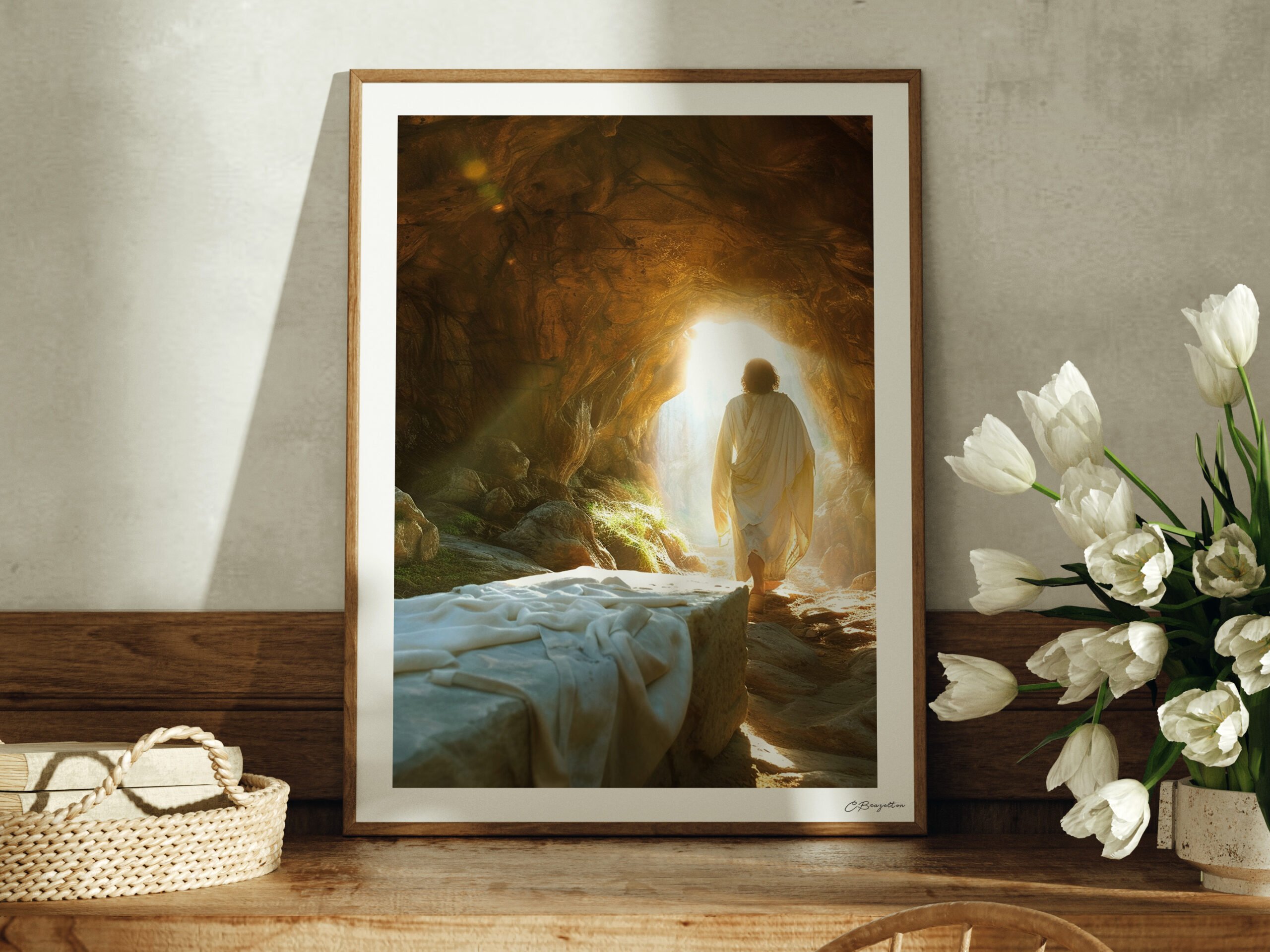 A handmade fine art print depicting the resurrection of Jesus from inside the tomb.