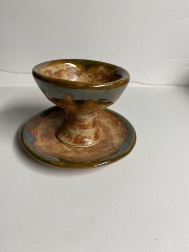 Small Handmade pottery chalice and plate beige with green rim