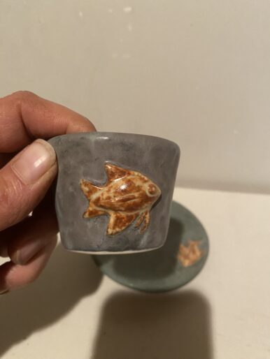Small handmade communion cup and plate with fish design