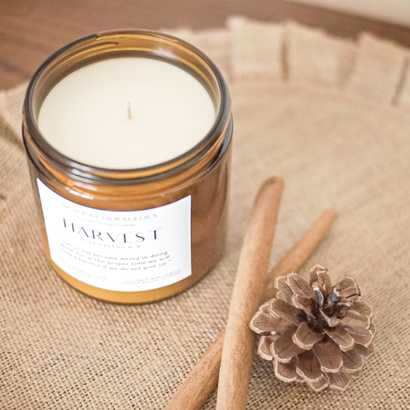 Discover the Harvest Candle, a fall favorite with scents of apple, cinnamon, clove, and nutmeg. This Christian candle, paired with Galatians 6:9, is perfect for cozy autumn days, Bible verse gifts, and fall decor. Made with clean coconut wax for a long-lasting burn.