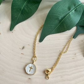 Gold Pearl Cross Necklace with 16K anti-tarnish gold chain and 18K gold-filled pearl cross charm, hypoallergenic Christian jewelry gift.