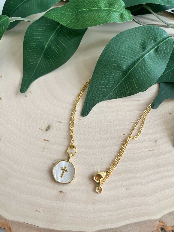 Gold Pearl Cross Necklace with 16K anti-tarnish gold chain and 18K gold-filled pearl cross charm, hypoallergenic Christian jewelry gift.