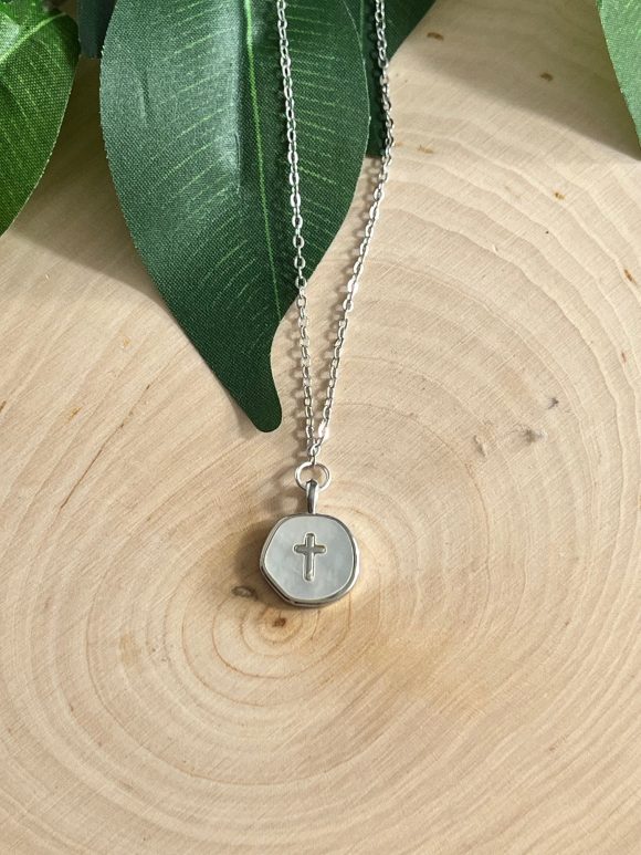 Silver Pearl Cross Necklace with anti-tarnish chain and pearl cross charm, hypoallergenic Christian jewelry for women, faith-inspired gift.