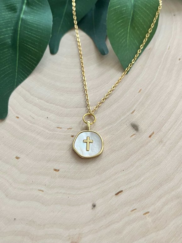 Gold Pearl Cross Necklace with 16K anti-tarnish gold chain and 18K gold-filled pearl cross charm, hypoallergenic Christian jewelry gift.