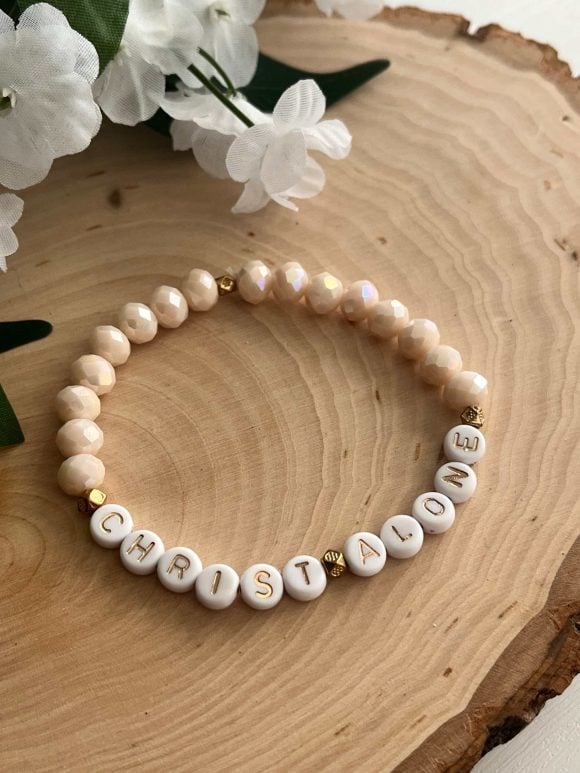 Christ Alone peach bead bracelet, handmade faith jewelry, Christian accessory with peach beads, perfect gift for women, faith-inspired bracelet.