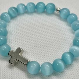 Blue glass bead cross bracelet, handmade Christian jewelry, faith-inspired accessory, perfect gift for women, cross bracelet for daily wear.