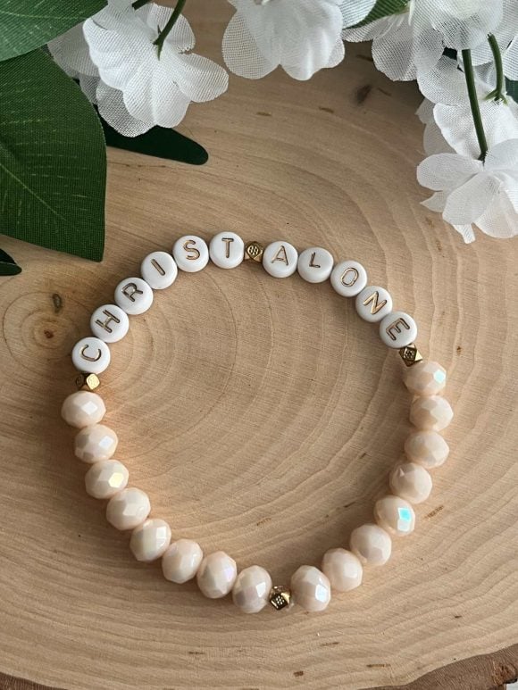 Christ Alone peach bead bracelet, handmade faith jewelry, Christian accessory with peach beads, perfect gift for women, faith-inspired bracelet.