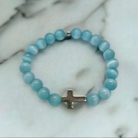 Blue glass bead cross bracelet, handmade Christian jewelry, faith-inspired accessory, perfect gift for women, cross bracelet for daily wear.