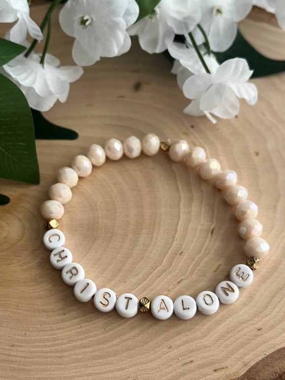 Christ Alone peach bead bracelet, handmade faith jewelry, Christian accessory with peach beads, perfect gift for women, faith-inspired bracelet.