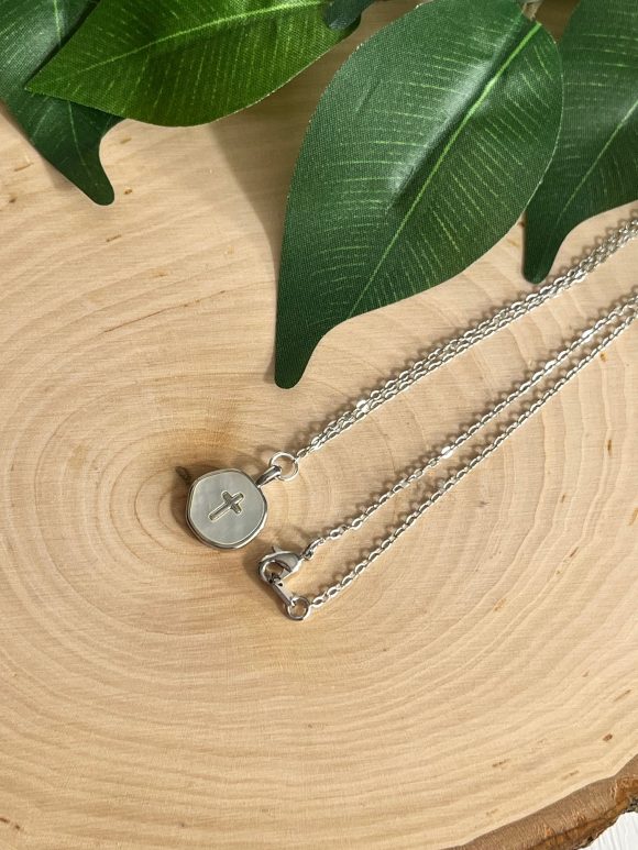 Silver Pearl Cross Necklace with anti-tarnish chain and pearl cross charm, hypoallergenic Christian jewelry for women, faith-inspired gift.