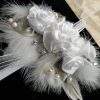 Exquisite White Roses Bling Wrist Corsage, Boutonniere set | Crystals Pearls and Feathers | Glam Wedding Prom Hoco Fun Event Fashion accs - Image 5