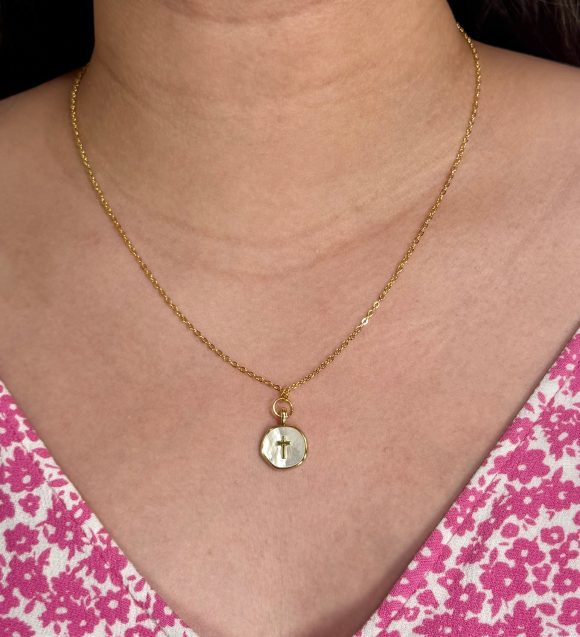 Gold Pearl Cross Necklace with 16K anti-tarnish gold chain and 18K gold-filled pearl cross charm, hypoallergenic Christian jewelry gift.