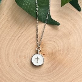 Silver cross necklace with white cross pendant, Christian jewelry for women, elegant and faith-inspired gift idea