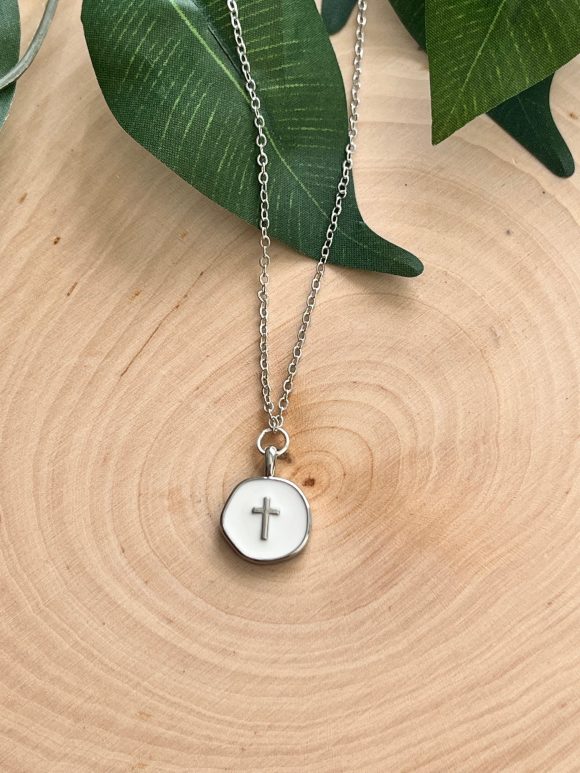 Silver cross necklace with white cross pendant, Christian jewelry for women, elegant and faith-inspired gift idea