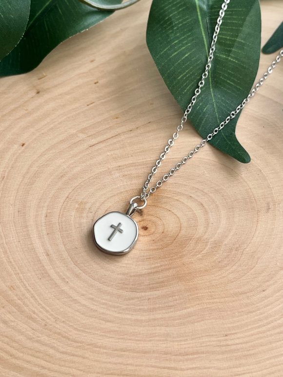 Silver cross necklace with white cross pendant, Christian jewelry for women, elegant and faith-inspired gift idea