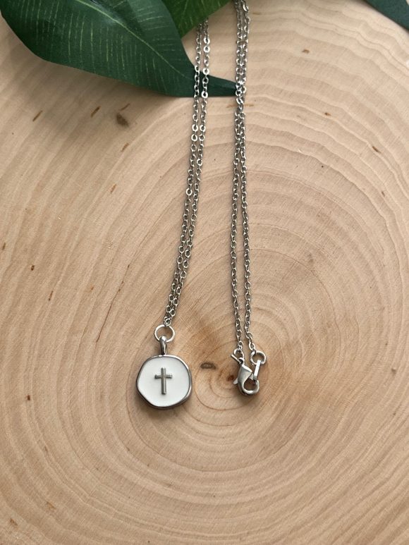 Silver cross necklace with white cross pendant, Christian jewelry for women, elegant and faith-inspired gift idea