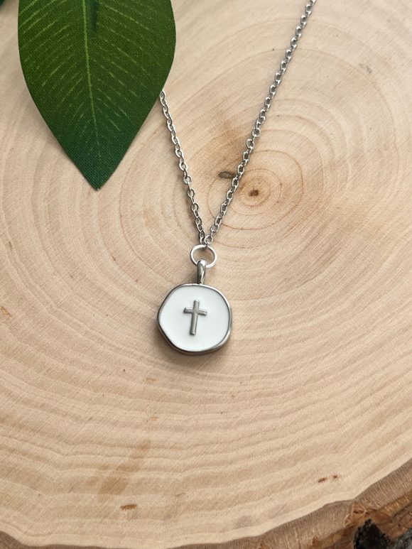 Silver cross necklace with white cross pendant, Christian jewelry for women, elegant and faith-inspired gift idea