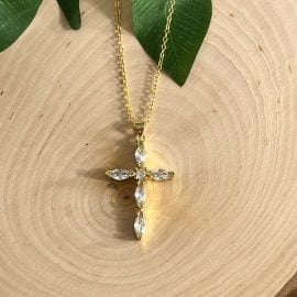 Gold Cross Necklace with 18K gold-filled crystal pendant, hypoallergenic and anti-tarnish, elegant Christian jewelry for women.