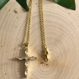 Gold Cross Necklace with 18K gold-filled crystal pendant, hypoallergenic and anti-tarnish, elegant Christian jewelry for women.