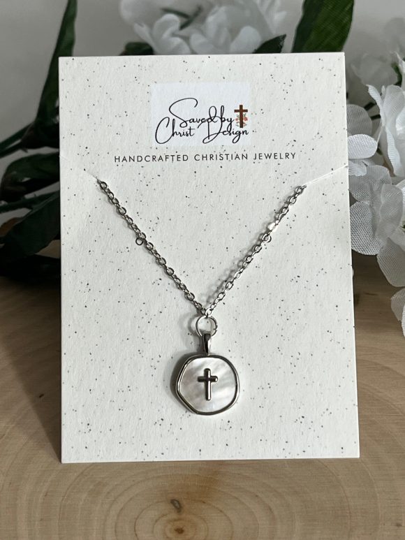 Silver Pearl Cross Necklace with anti-tarnish chain and pearl cross charm, hypoallergenic Christian jewelry for women, faith-inspired gift.