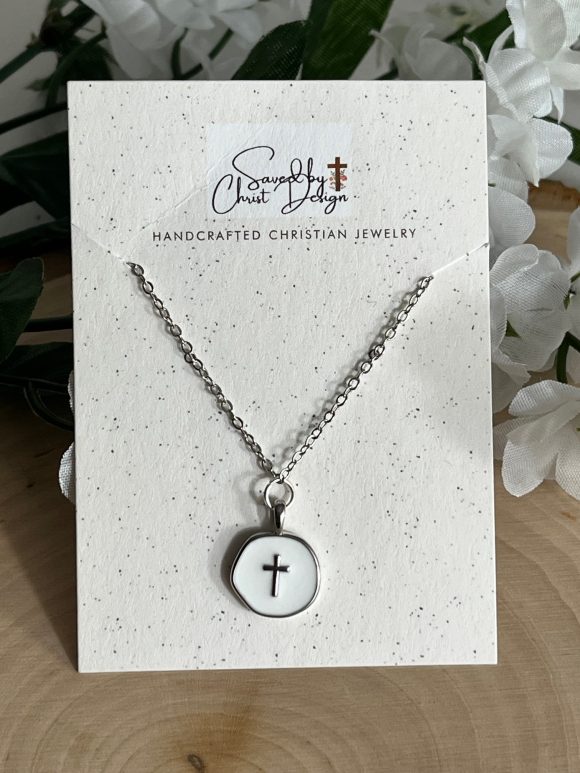 Silver cross necklace with white cross pendant, Christian jewelry for women, elegant and faith-inspired gift idea