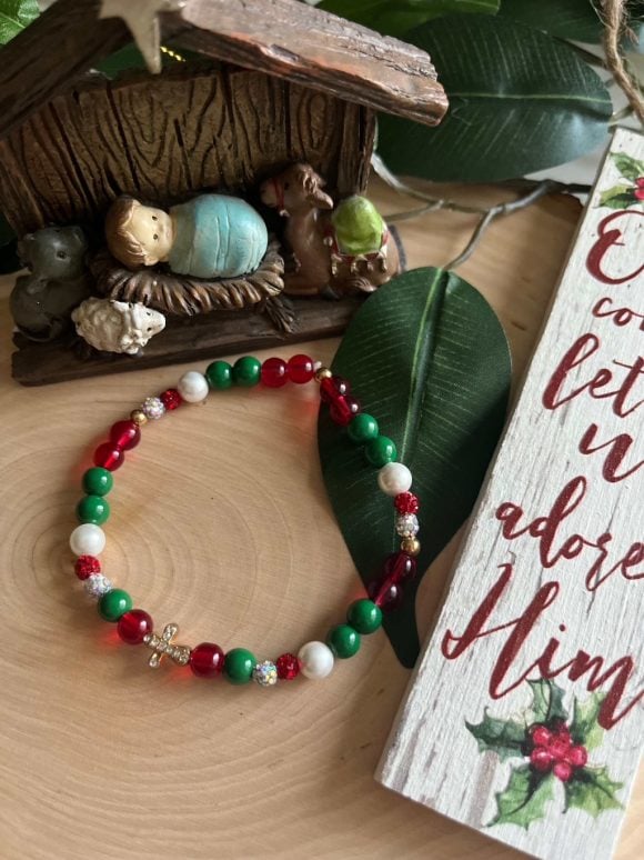 Christmas Cross Bracelet with festive design, faith-inspired holiday jewelry, perfect Christian gift for women during the Christmas season.