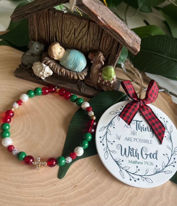 Christmas Cross Bracelet with festive design, faith-inspired holiday jewelry, perfect Christian gift for women during the Christmas season.