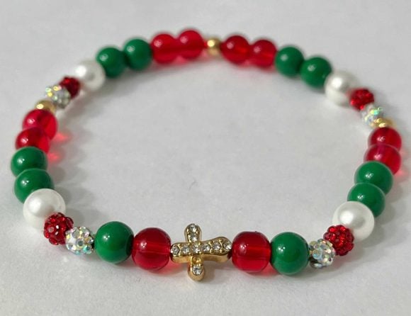 Christmas Cross Bracelet with festive design, faith-inspired holiday jewelry, perfect Christian gift for women during the Christmas season.