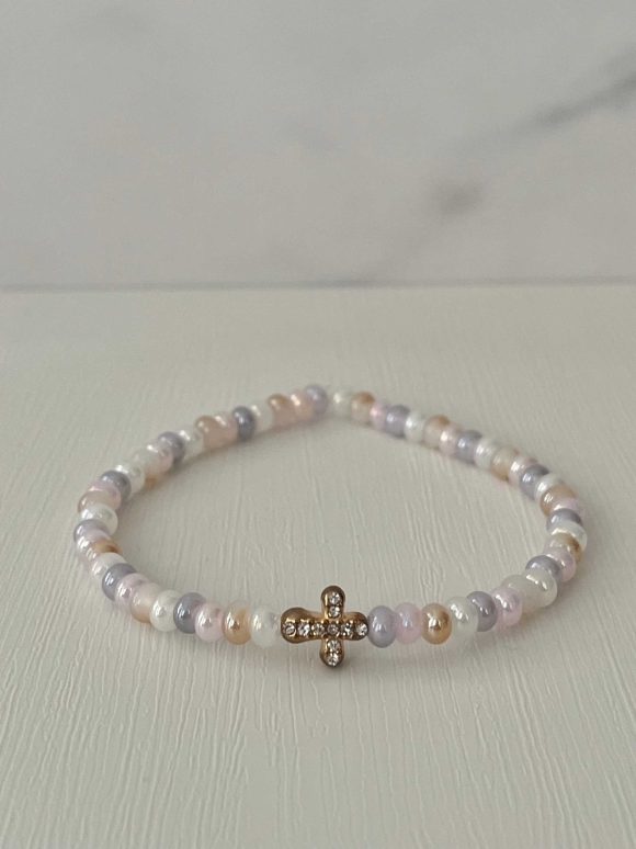 Gold Cross Shell Bead Bracelet with handcrafted design, faith-inspired Christian jewelry for women, perfect for everyday wear.