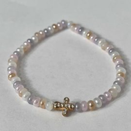 Gold Cross Shell Bead Bracelet with handcrafted design, faith-inspired Christian jewelry for women, perfect for everyday wear.