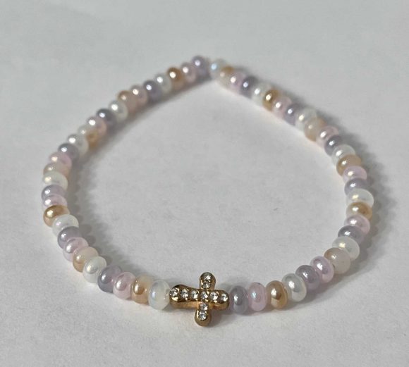 Gold Cross Shell Bead Bracelet with handcrafted design, faith-inspired Christian jewelry for women, perfect for everyday wear.